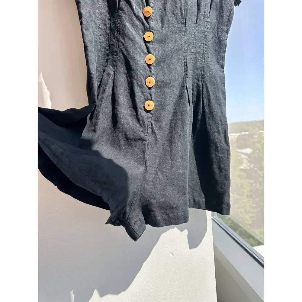 Zara Black Linen Plunge Neck Short Playsuit Natural Wood Toned Front Button L